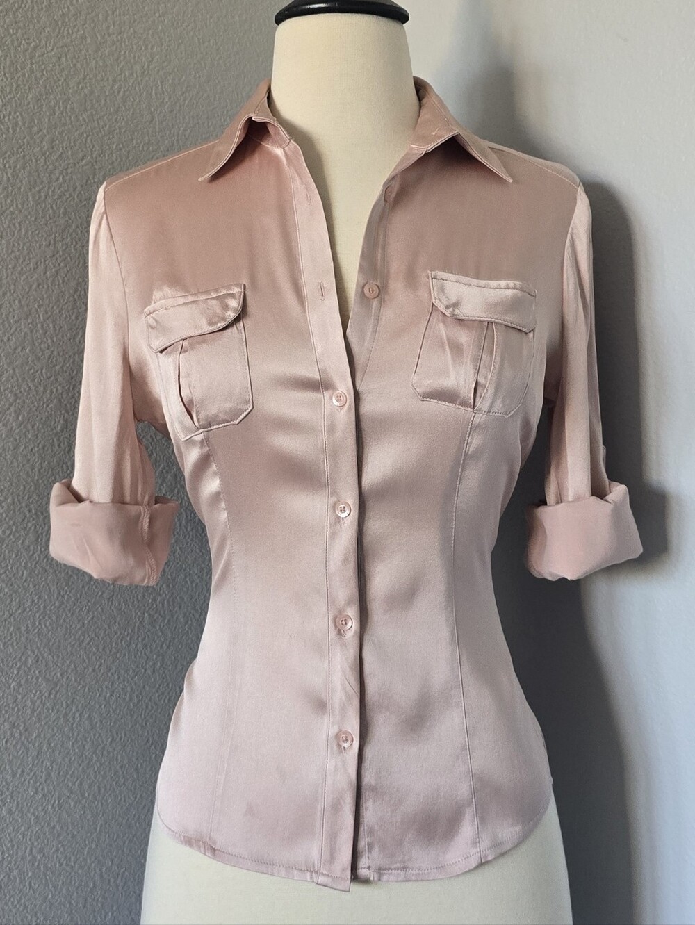 Vintage Y2K bebe Silk Blush Pink Fitted Button Front Utility Top XS Office